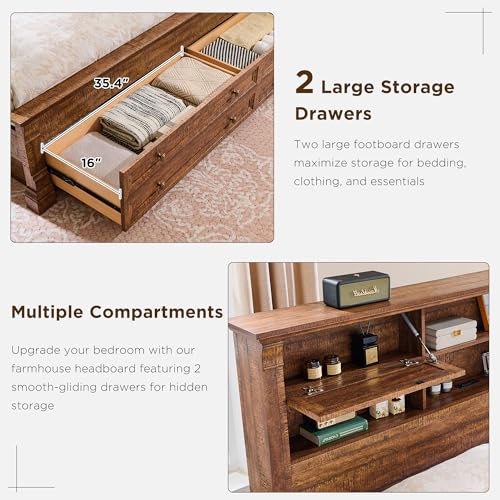 Farmhouse King Size Bed Frame with 54" Tall Headboard, Headboard with 4 Storage Rack, 2 Drawers, Wood Platform Bed Frame,18" Roman Column Decoration Footboard, No Box Spring Needed(Reclaimed Barnwood) - Image 5