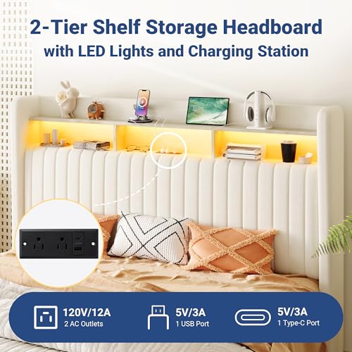 Image of Allewie King Size Lift Up Storage LED Bed Frame, Charging Station, Cream