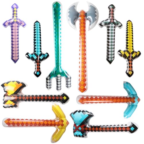 FSAIUIS 10 Pack Jumbo Pixel Inflatable Toys Assorted Large Blow Up Weapons Set - Sword Axe Pickaxe Trident for Halloween Cosplay Birthday Party Pool & Beach Decor Supplies