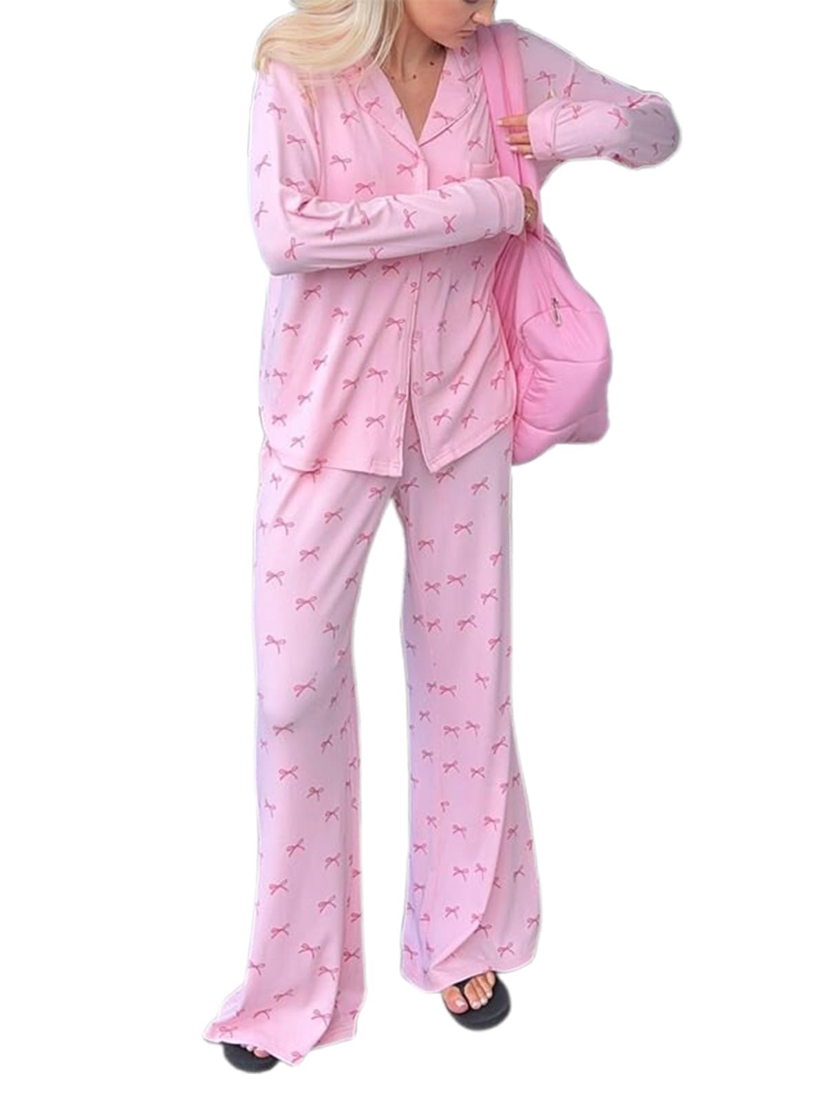 Women 2 Piece Pajamas Set Y2k Printed Button Long Sleeve Shirt Wide Leg Pants Loungewear Pjs Outfits