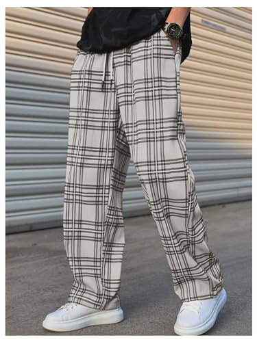 Men's Plaid Pants High Drawstring Waist Trouser Pants Loose Straight Leg Lounge Pants with Pocket3