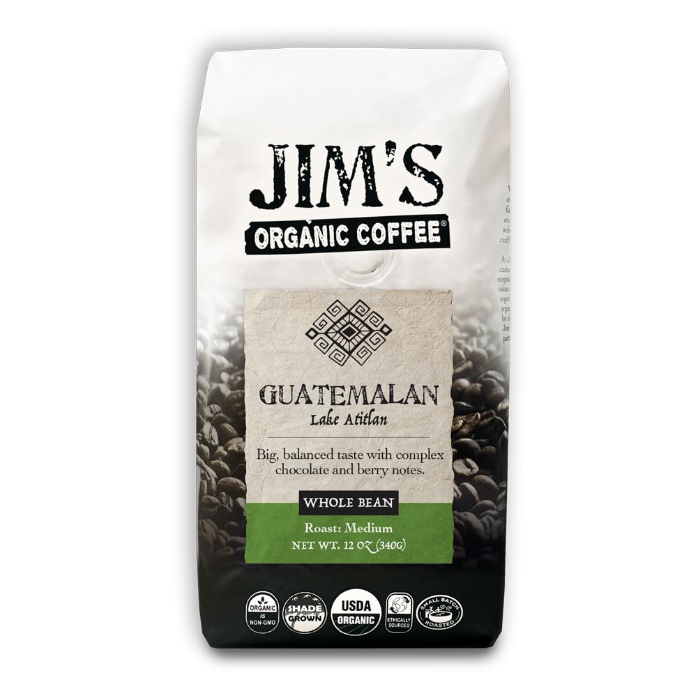 Jim’s Organic Coffee – Guatemalan Lake Atitlan – Single Origin, Medium Roast - Whole Bean 12 oz Bag