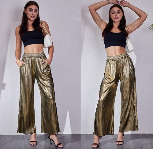 heipeiwa Women's Metallic Wide Leg Palazzo Pants Rib Pleated Raw Hem Party Club Sequin Slacks Pant4