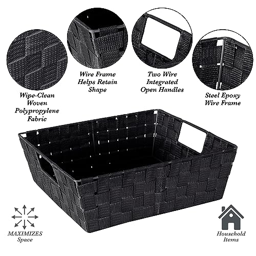 Image of Simplify Large Shelf Woven Strap Tote | Decorative Storage Basket | Built in Handles | Organization | Closet | Bedroom | Bathroom | Nursery | Accessories | Toys | Gifts | 1 Pack | Black