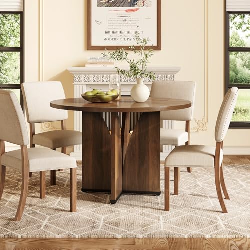 LITTLE TREE 39-Inch Round Dining Table for 4, Rustic Kitchen Table with X-Shaped Stable Pedestal, Farmhouse Dinner Table for Dining Room, Living Room, Dark Brown - Image 6