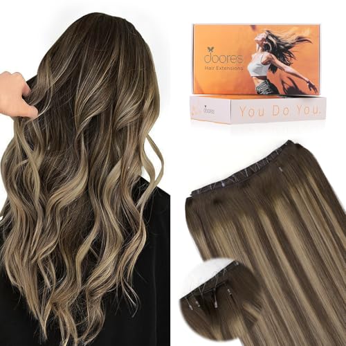 Image of DOORES Beaded Weft Hair Extensions 24 Inch Balayage Chocolate Brown to Caramel Blonde 120g Thick Human Hair Beaded Weft Extensions for Women