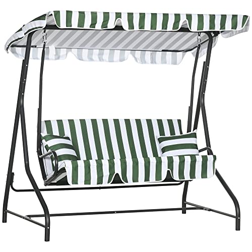 Outsunny Balancelle de Jardin 2 Places Grand Confort 2 Coussins Toit réglable résistant aux intempéries Acier Polyester dim. 175L x 120l x 166H cm Vert et Blanc