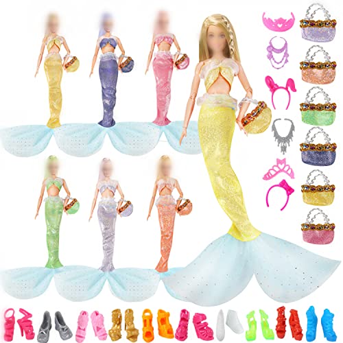 Mermaid Doll Clothes and Accessories for 11.5 Inch Girl Doll Clothes Include 6 Sets Mermaid Tail Dresses, 10 Pairs Shoes, 12 Pieces Doll Accessories, Girls Toys Birthday Gift