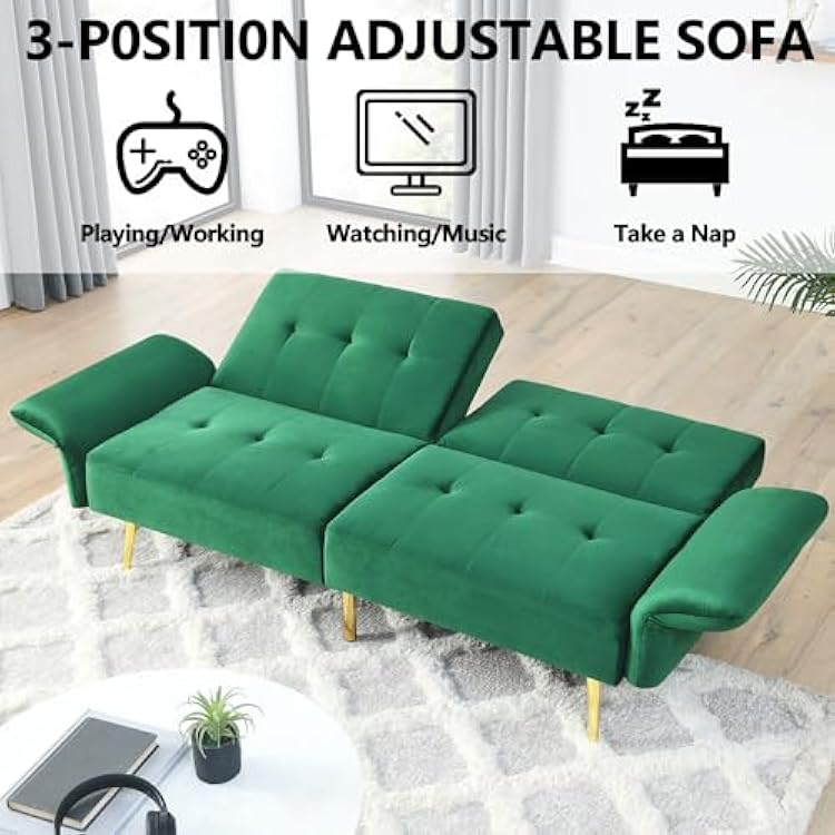 HRVEOCEI 78 Comfy Futon Sofa Bed, Green Velvet Fabric Futon Sofa Bed Couch, Convertible Sleeper Sofa with Adjustable Backrest& Armrests, Modern Loveseat Sleeper for Living Room (Green)