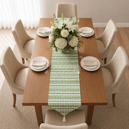 Image of STITCHNEST Woven Table Runner 13x72 Inches | Green Geometric Design | Tassel Finish | Modern Dining Table Decor