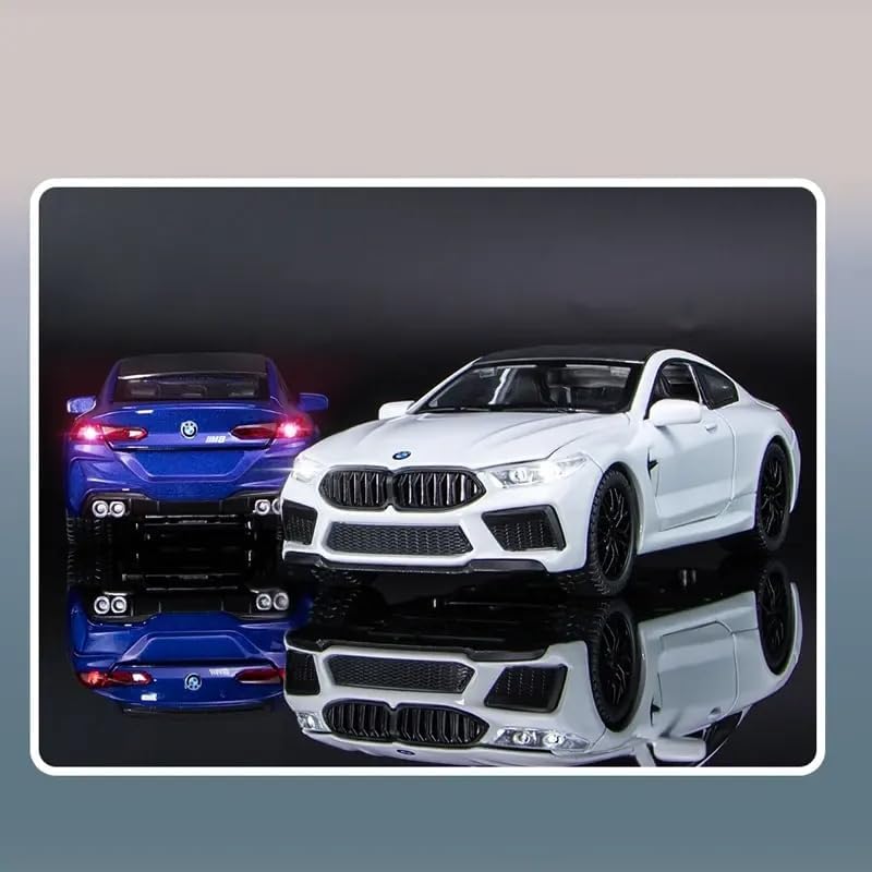 Image of WORSHIPER 1:32 B-M-W M8 Scale Alloy Diecast Sports Car Model with Sound & Light, Openable Doors & Hood, Pull Back Toy Car for Kids Boys, Collectible Mini Car Gift (1:32 B-M-W M8 - Blue Color)