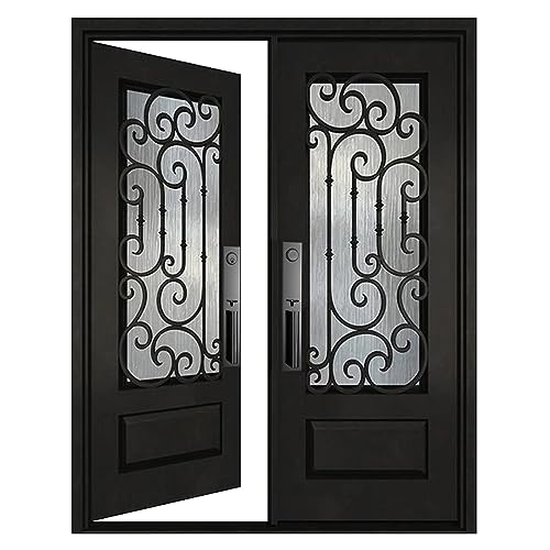 BGW Doors Matte Black Iron Double Front Entry Door with Tempered Privacy Glass, Prehung Pre-Finished Exterior Door, Left Inswing, 30x30x80