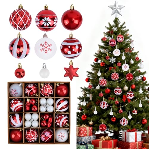 Kuvarix 42 Piezas Bolas de Navidad Rojas y Blancas, Bolas Arbol de Navidad 3cm/6cm de Diámetro, Aptas para Arboles de Interior y Exterior y Guirnaldas