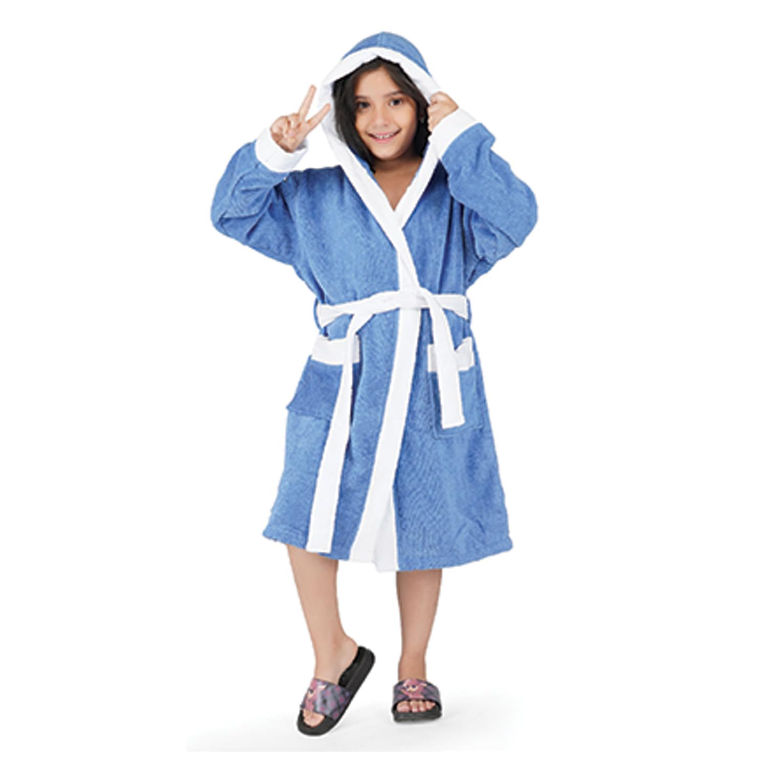 Rangoli Noble 100% Cotton Terry Kids Bathrobe, 400 GSM, Ultra Soft Plush Hooded Bathrobe for Girls with 2 Pockets and Attached Adjustable Belt | Gown Bathrobe for kids Girls 9-10 Years, Blue