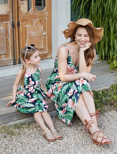 Image of PATPAT Family Matching Outfits Mommy and Me Dresses Hawaiian Tropical Vacation Beach Spaghetti Strap Dress and Shirt