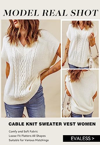 Evaless Women's Oversized Sweater Vest Trendy V Neck Sleeveless Sweaters Fall 2023 Cable Knit Solid Color Loose Tank Tops Beige X-Large #TOP2