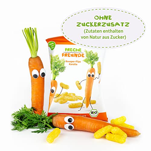 FRECHE FREUNDE Bio Knusper-Flips Karotte, Snack mit Mais, ohne Zuckerzusatz, Knabberzeug für Kinder und Babys ab 1 Jahr, vegan, 9er Pack (9 x 30g)