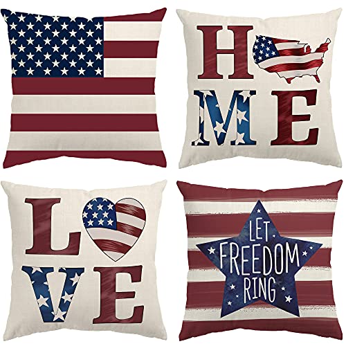 4th of July Decorations Pillow Covers 18x18 Independence Day Memorial Day Set of 4 American Flag Stars and Stripes Patriotic Throw Pillow Covers USA Freedom Pillows Decor