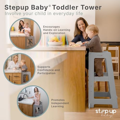 Image of Stepup Baby Toddler Standing Tower - 3 Level Adjustable Wooden Kitchen Step Stool, Bathroom Sink, Kitchen Counter, Kids 18 Months to 4 Years Gift - Gray