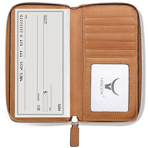 Image of HISCOW Leather Checkbook Cover, Zippered Wallet, Aniline Leather Tan | Full grain cowhide, 5cc & ID window, personal check book & register pockets, removable duplicate divider, women secure zipper