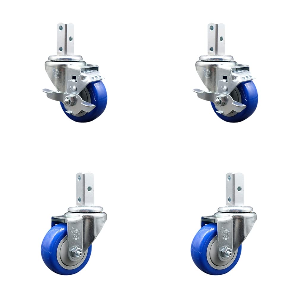 Swivel Square Stem Caster Set 4 w/3” x 1.25” Blue Poly Wheel - 7/8” x 2” Square Stem with (3) 17/64” Diameter Mounting Holes - Includes 2 Top Lock Brakes - 1200lbs. Cpty/Caster - Service Caster Brand