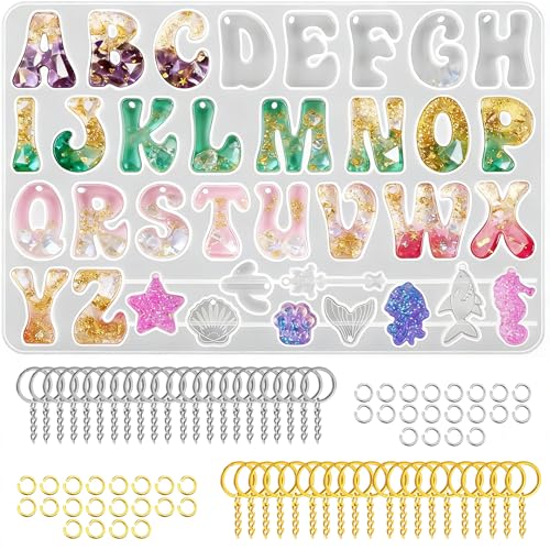Cute Alphabet Resin Molds with 40 Keychains (20 Gold & 20 Silver) - Reversed Letter Silicone Mold with Holes Bubbly Initial Mold & Ornaments DIY Epoxy Casting Kit for Name Tags & Personalized Gifts