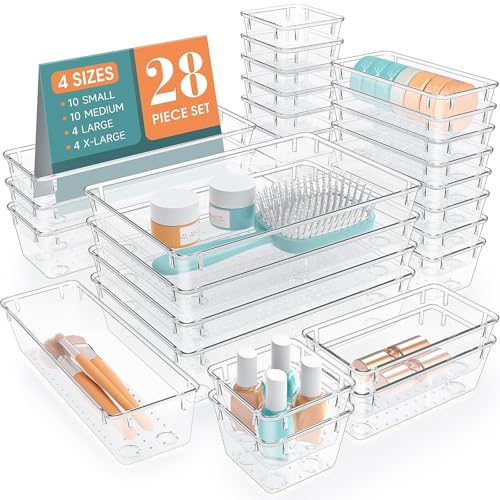 StorMiracle 28 PCS Clear Plastic Drawer Organizers Set, 4 Size Desk Drawer Organizer Trays for...