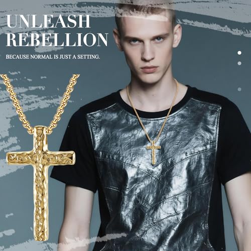 Collier croix en acier inoxydable pendentif texturé martelé style rétro