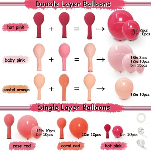 Image of Pink and Rose Red Balloons Garland Double Stuffed Baby Pink Balloons Different Sizes Macaron Orange Latex Balloons Arch Kit for Birthday Wedding Anniversary Baby Shower Flamingo Party Decorations