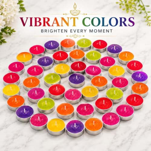 Image of Bindian Unscented Tea Light Candles, 100% Paraffin Wax, Smokeless Dripless Tealights for Home Decor, Diwali, Wedding, Spa, 1-1.5 Hour Burn Time (Pack of 200 Multicolor)