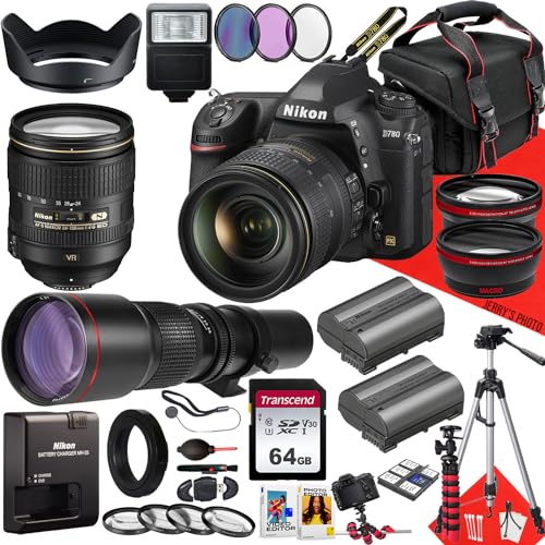 Nikon D780 DSLR Camera with AF-S 24-120mm f/4G ED VR Lens and 500mm Lens + 64GB Memory + Extra Battery + Slave Flash + Filters + Tripod + More (33pc Bundle) (Renewed)
