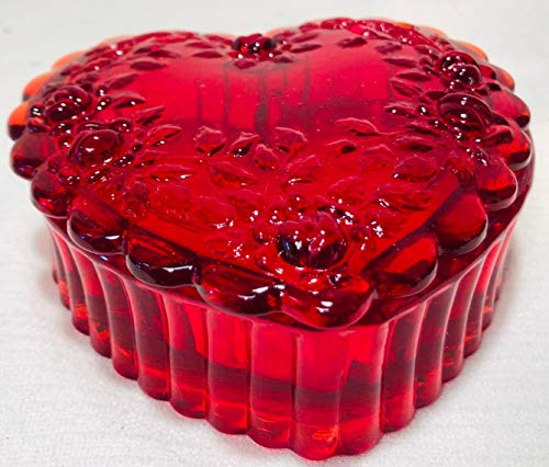 Heart Box - Covered Candy Dish - Red Glass - Mosser USA (Roses)