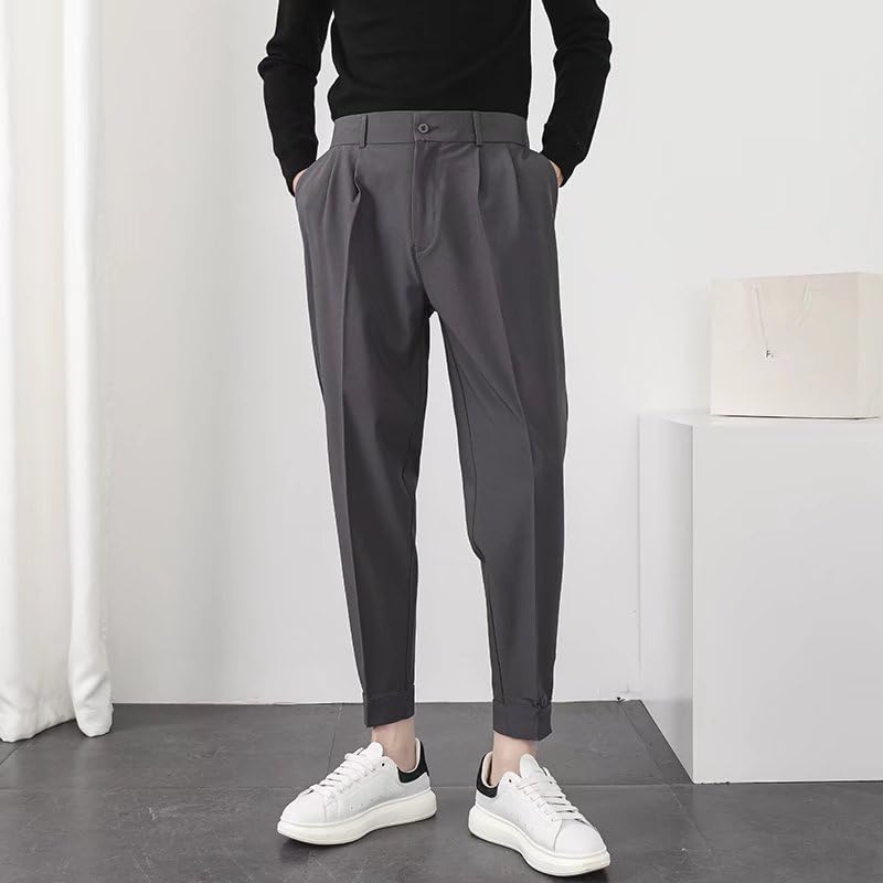 Men Casual Pants Elastic Waist Small Feet Slim Korean Style Pleated Tapered Male Blazer Trousers Streetwear2