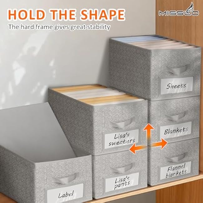 MISSLO 6 Pack Closet Storage Bins for Shelves with Label Holders Linen Closet Storage Basket for Organizing Clothes Organizers Non-Metal Fabric Storage Bin Organizer, Gray