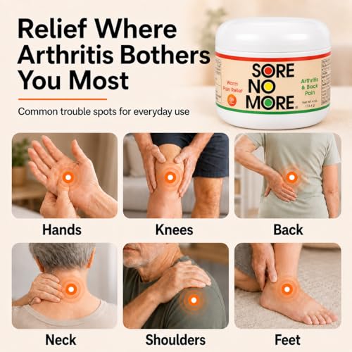Image of Sore No More Arthritis Pain Reliever Cream - Targeted Warm Relief for Back, Neck, Hands & Feet - Soothing & Fast-Acting Formula for Aches and Pains - Non-Greasy with Orange Aroma - 4 oz