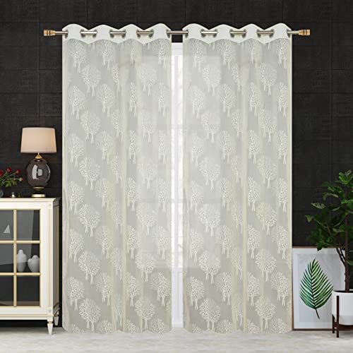 Image of Net Transparent Window Curtain Drapes 5Ft Set of 2 | Sheer Curtain Drapes for Living Room Bedroom Kitchen Balcony | Tissue Light Filtering Panels for Home Office, 4x5 Feet, Offwhite Tree