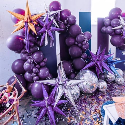 Image of PartyWoo Metallic Purple Star Balloons 110pcs Different Sizes 18 12 10 5 Inch Pack 22 Inch Purple Spike Star Foil Mylar Balloon Arch Kit for Birthday Wedding Party Decorations Purple-G105