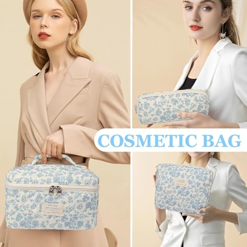 Image of Lyrovo Makeup Organizer Cosmetic Bag Quilted Large Floral Make Up Organize Set for Women Flower Travel Toiletry Bag (Green-White)
