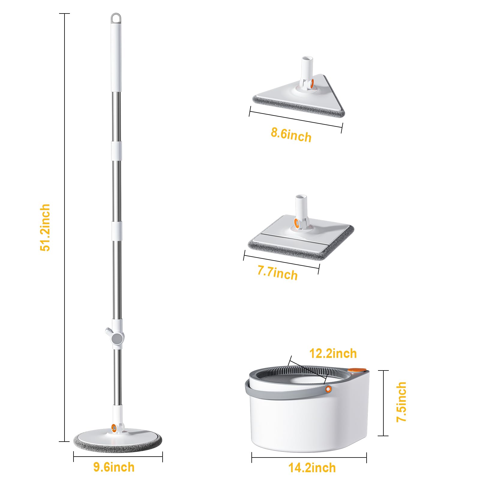Wischmopp Set mit Eimer, Sprüh-Wischsystem mit Abstreifer, Kein Wischen im Schmutzwasser, 3 Moppköpfe (Flach, Rund, Dreieck), Wassersparend, 360° drehbar, für Laminat, Fliesen, Parkett, Küche & Bad