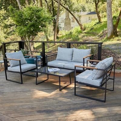 EAST OAK Courtyard Patio Furniture Set, 4-Piece Outdoor Patio Set with Sofa, Removable & Washable Deep Seating Cushion, Tempered Glass Table, Outside Patio Conversation Sets, Black & Grey