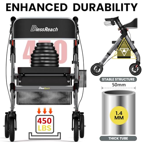 Heavy-Duty Aluminum Foldable Rollator Walker with Seat for Seniors (Gray)