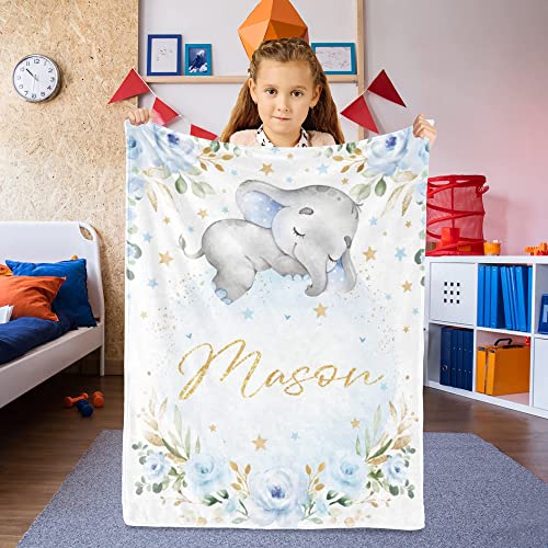 Image of Elephant Baby Blanket Personalized Blanket with Name for Boy Custom Blanket