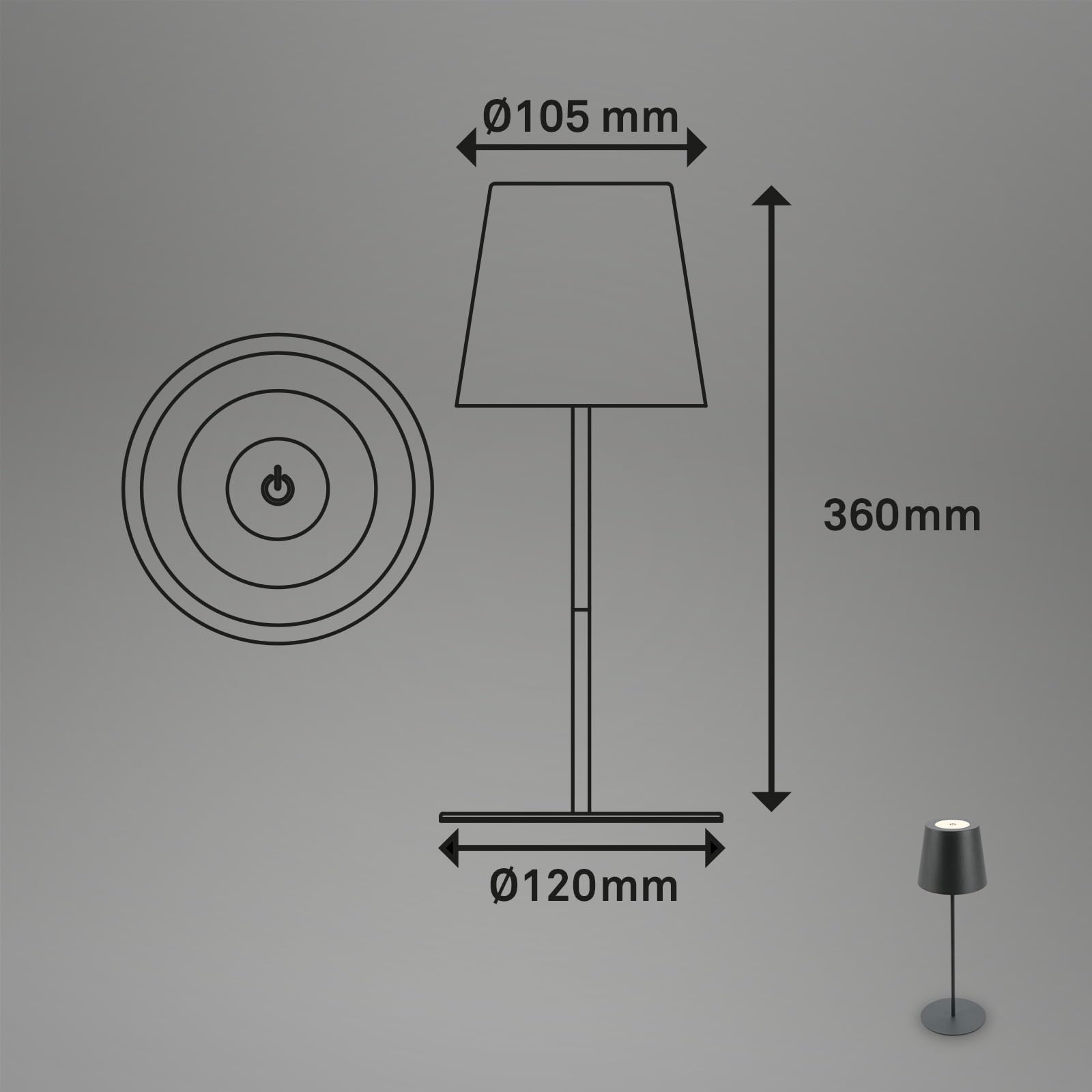 BRILONER - Lámpara LED de sobremesa inalámbrica con luz táctil, regulable en pasos, regulable en altura, lámpara mesilla de noche, lectura, camping, recargable, exterior, 36x10,5 cm, antracita