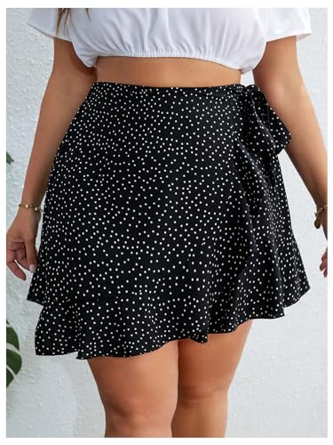 SweatyRocks Women's Plus Size Polka Dots Wrap Short Skirts High Waist Ruffle A Line Skirts3