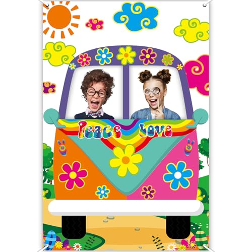 Consejos para Comprar Foto prop para fiestas y cumpleaños para comprar online. 45 Accesorio para fotos de autobús hippie de los 60, decoración de fiesta de los 60, tela grande, retro, para furgoneta, hippie, selfie, marco de fondo, pancarta de fondo,...
