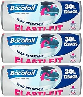 Bacofoil 3 x Elasti-fit Bin Liners 30l Kitchen Bins 12 Bags on a Roll Total 36 Bags