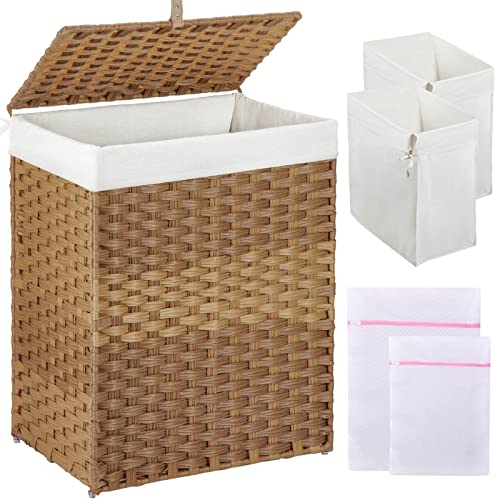Image of GREENSTELL Laundry Hamper with Lid, 90L Clothes Hamper with 2 Removable Liner Bags & 2 Mesh Laundry Bags, Handwoven Synthetic Rattan Laundry Basket for Clothes, Toys in Bathroom, Bedroom Natural