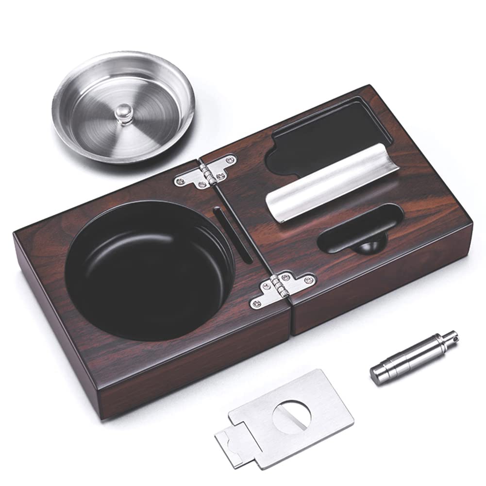 Cendrier rétro pliable en bois avec cutter et poinçon, ensemble compact en acier inoxydable