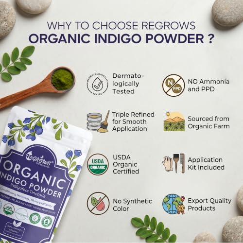 Image of ReGrows 100% Certified ORGANIC INDIGO powder | Dermatologically and Clinically Lab Tested Indigo Powder | USDA BIOAGRICERT Certified | Natural Black Hair Color After Henna | For Men and Women | No Ammonia No PPD | Includes Application Kit| Indigofera Tinctoria (227gm)