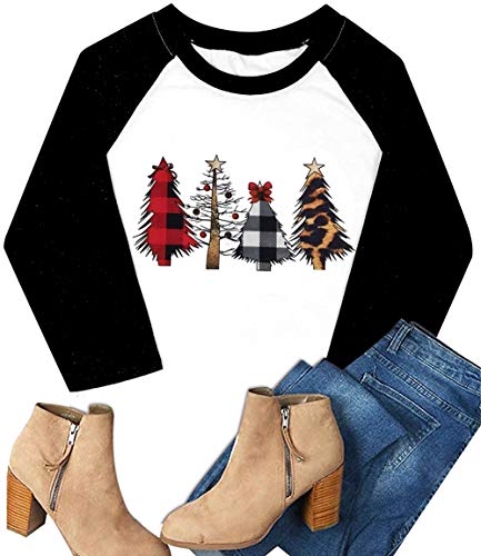 Plus Size Christmas Shirts Womens Merry Christmas Plaid Leopard Tree Baseball Casual 3/4 Sleeve Letter Print Graphic Tees (White, XXXXL)